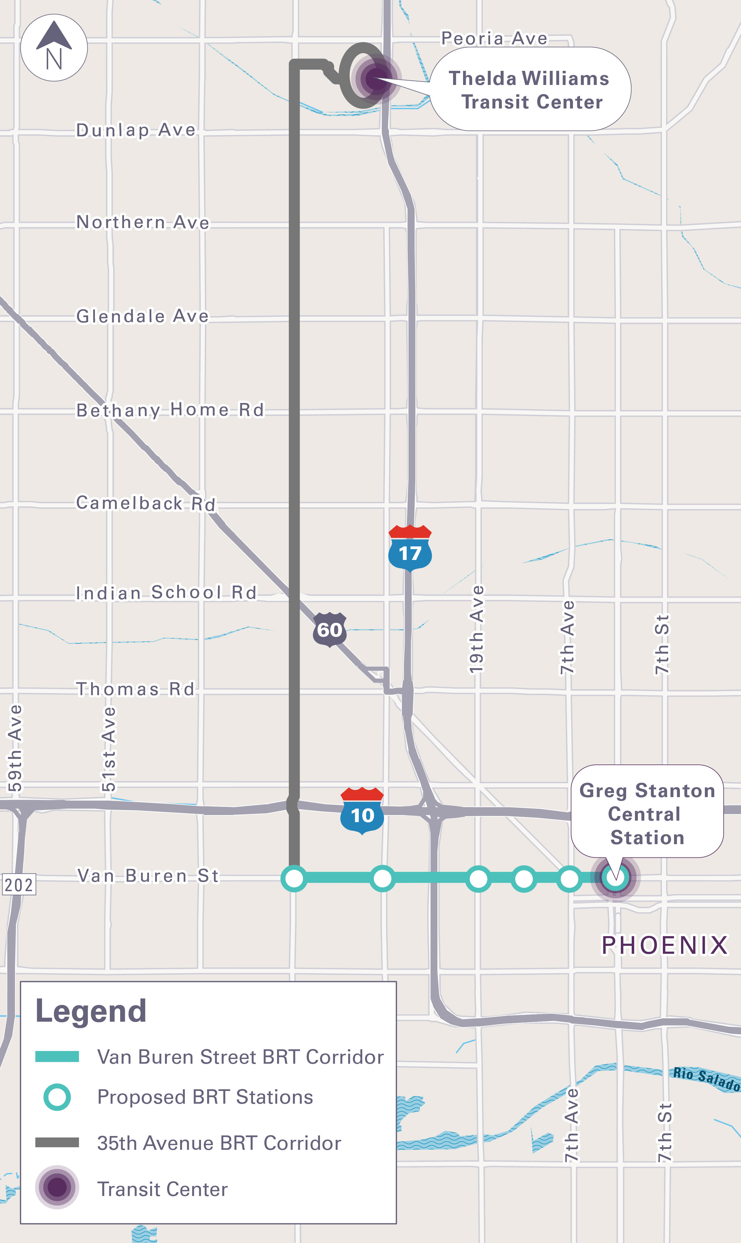 This is a map showing the 35th Avenue BRT Corridor, starting at Van Buren Street and heading north along 35th Avenue to the Thelda Williams Transit Center, including 11 proposed stations.