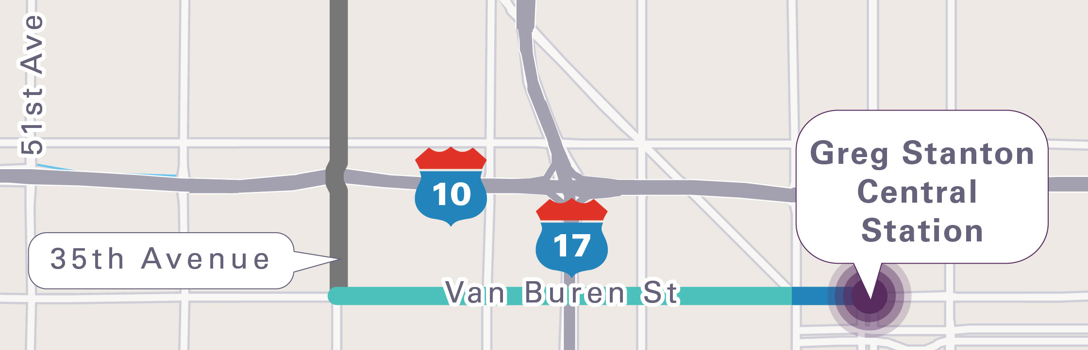 Map of Van Buren Street between 35th Avenue and Greg Stanton Central Station